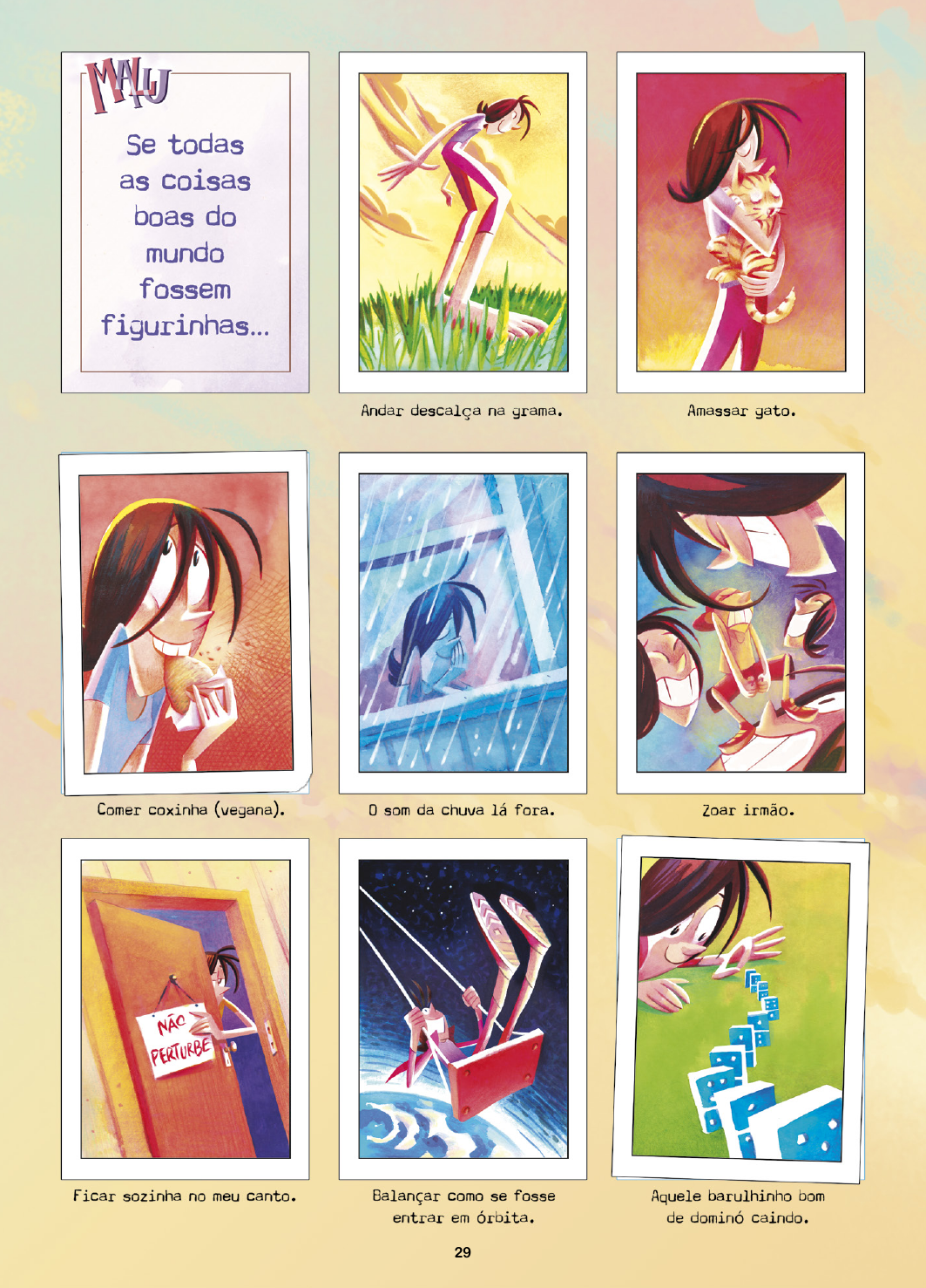 Page 29 of Malu's comic book #1: 'If all the good things in the world were stickers...' with nine illustrations of everyday moments