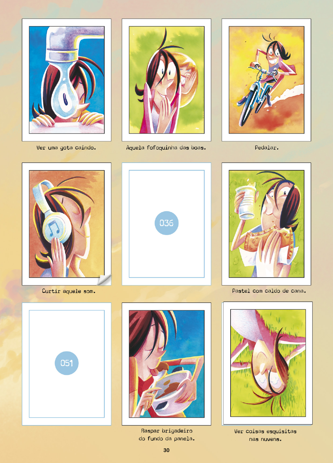 Page 30 of Malu's comic book #1: more everyday stickers, slots 036 and 051 still missing